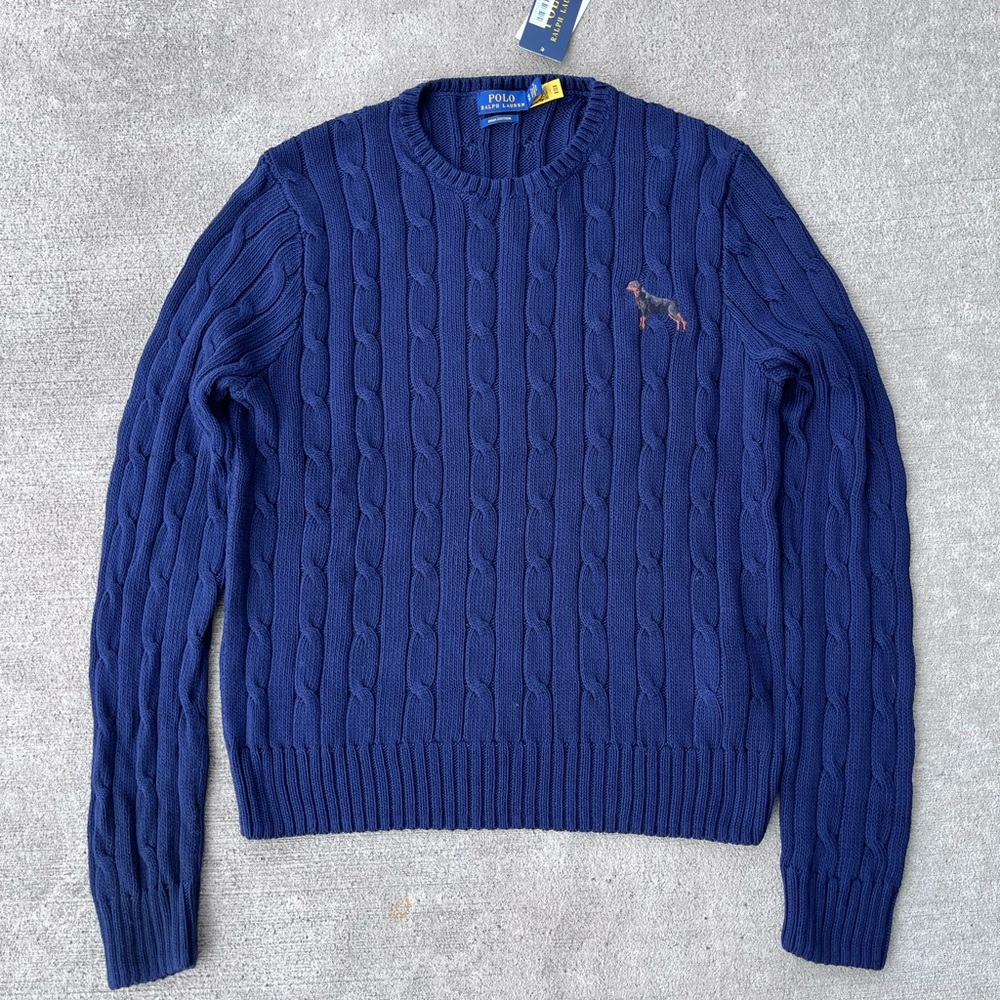 Polo Ralph Lauren navy dog Doberman puppy cable knit sweater jumper NWT